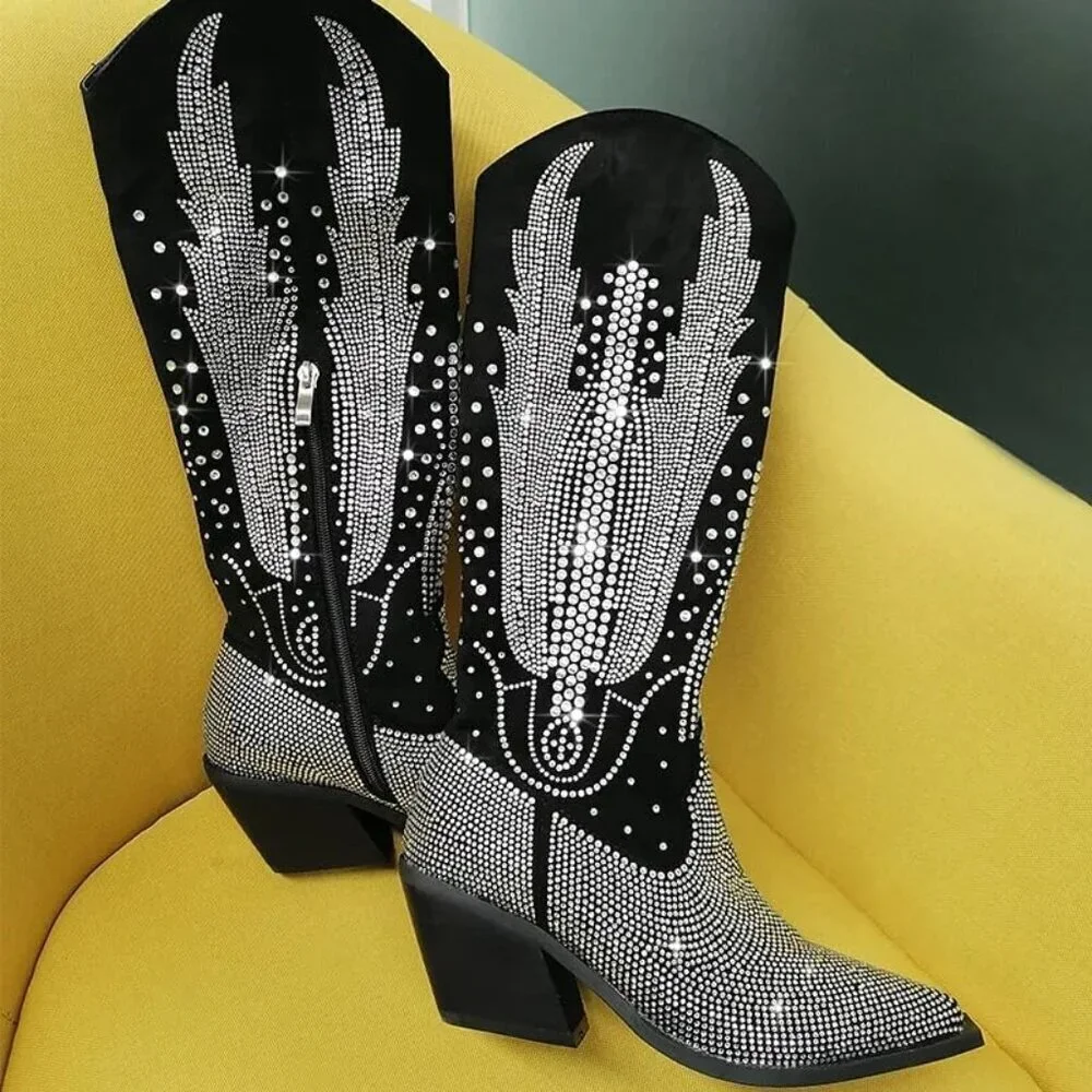 Women Polyurethane Black Knee High Pointed Toe Chunky Heel Rhinestone Boot
